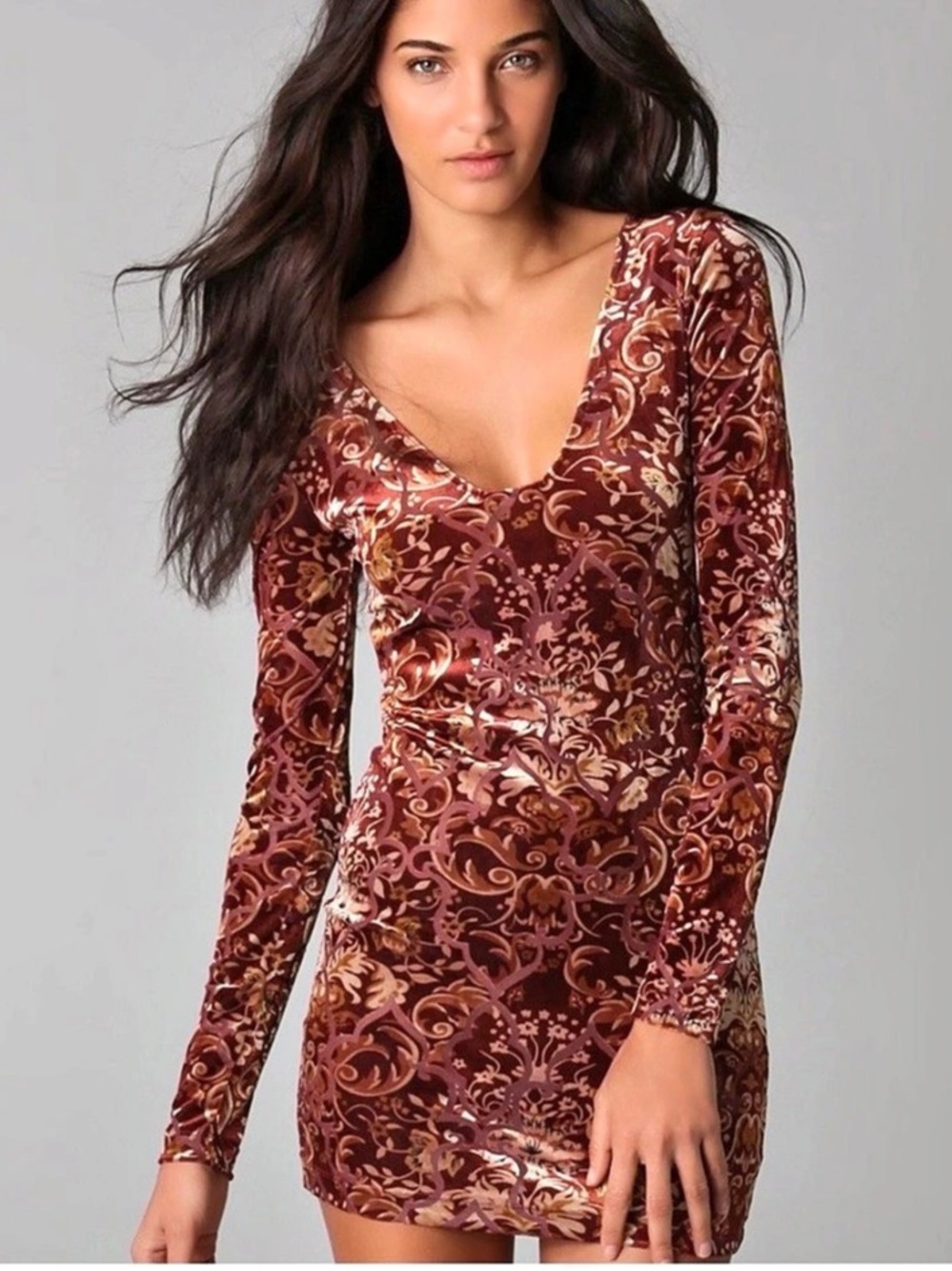 Free People Velvet Burnout Mini Dress Sz Small Burgundy Floral Whimsigoth V-Neck